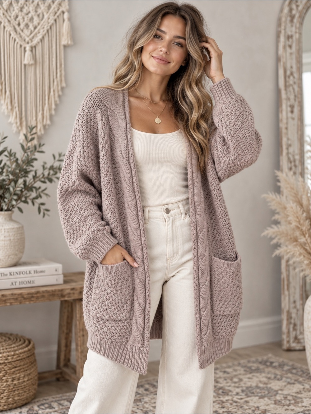 Vici Taupe Cable Knit Wool Pocketed Cardigan